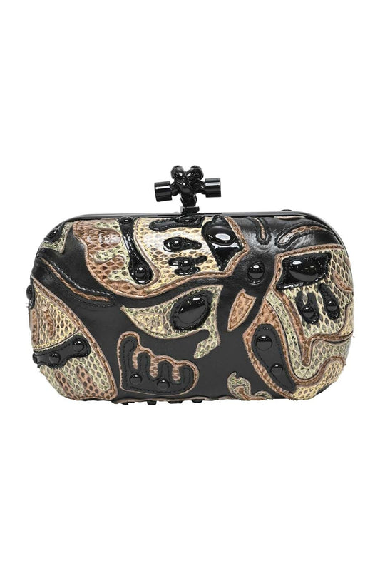 BOTTEGA VENETA Black and Brown Knot Butterfly Snakeskin Clutch Black
