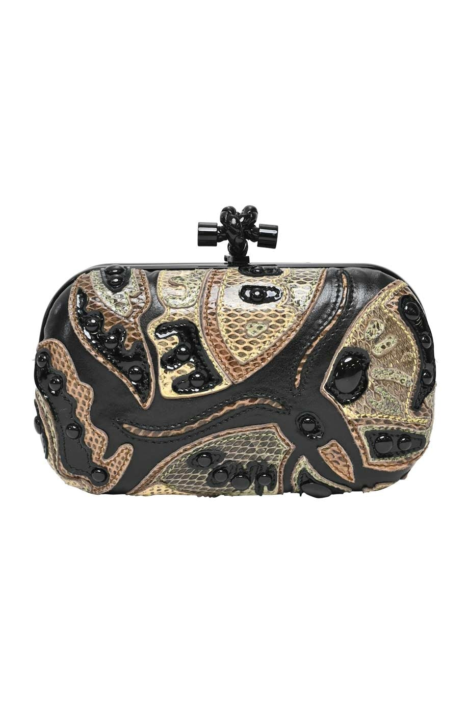 BOTTEGA VENETA Black and Brown Knot Butterfly Snakeskin Clutch Black