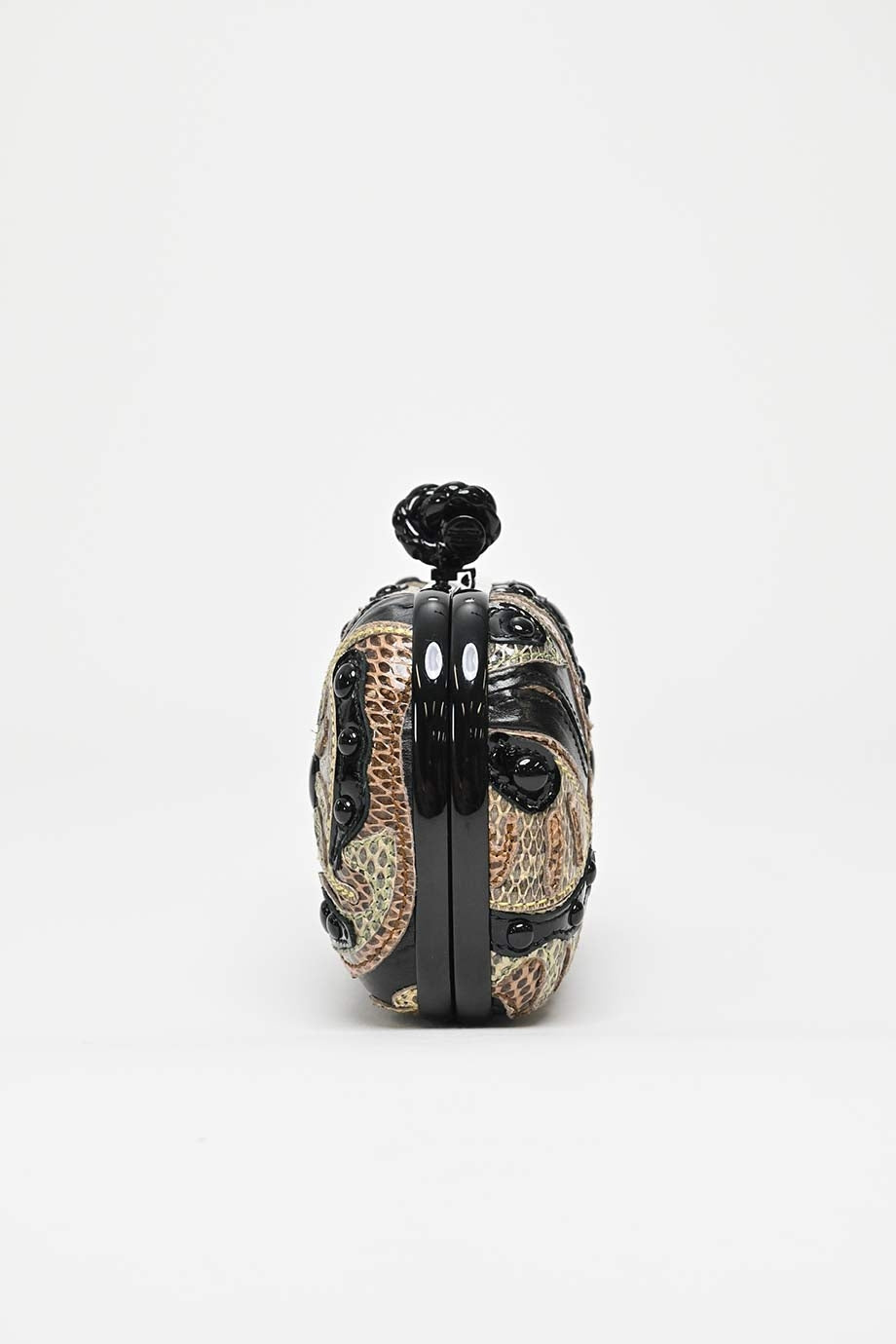 BOTTEGA VENETA Black and Brown Knot Butterfly Snakeskin Clutch Black