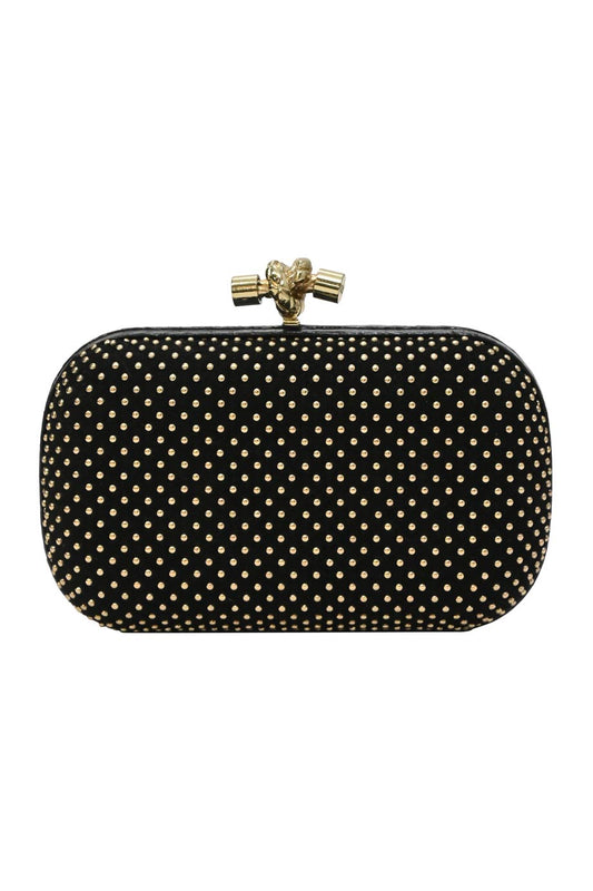 BOTTEGA VENETA Black embellished suede with python skin edges knot clutch