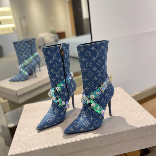 Louis Vuitton Ankle Boots 100mm Blue Monogram Jacquard Fabric
