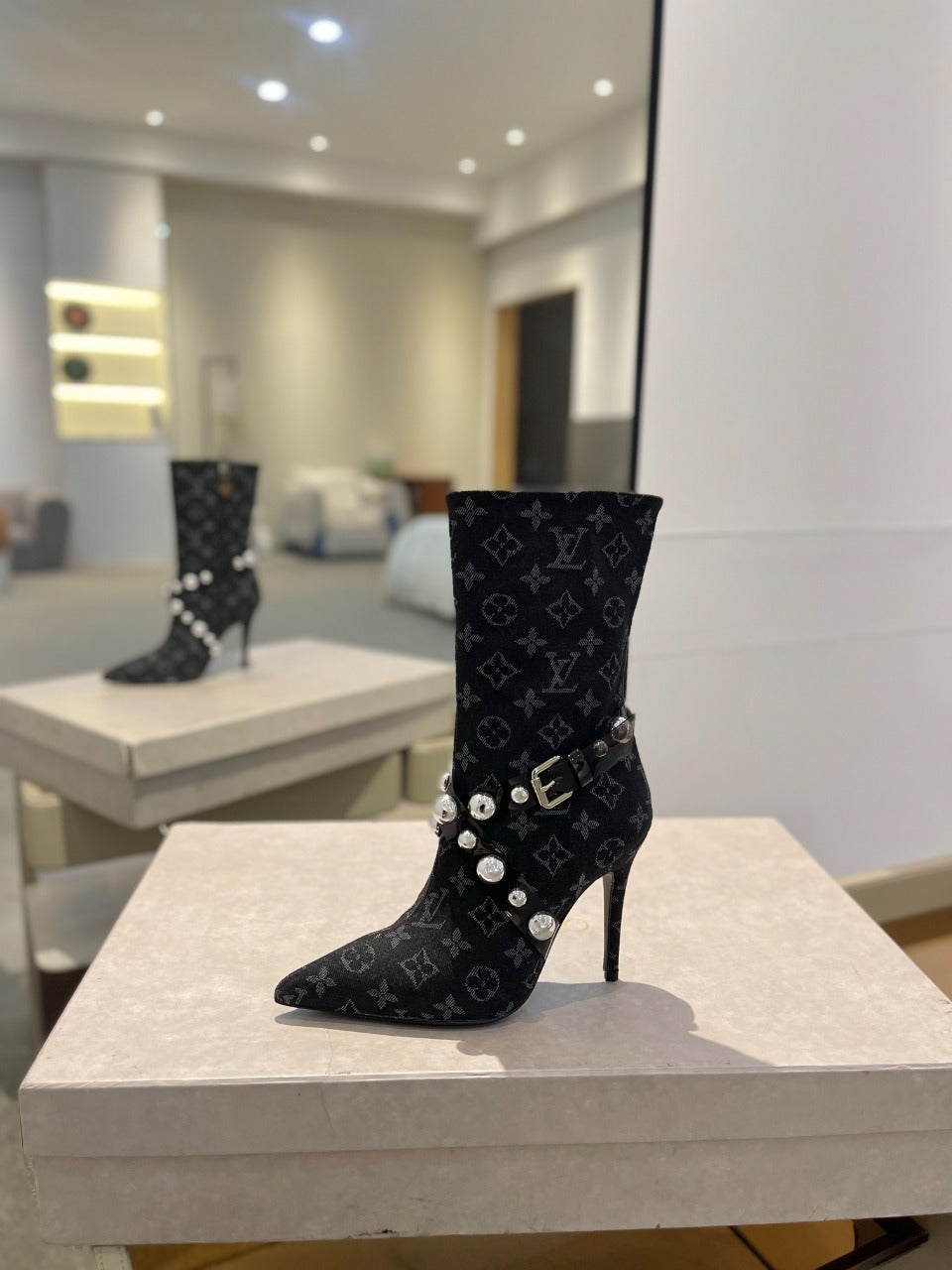 Louis Vuitton Ankle Boots 100mm Black Monogram Jacquard Fabric