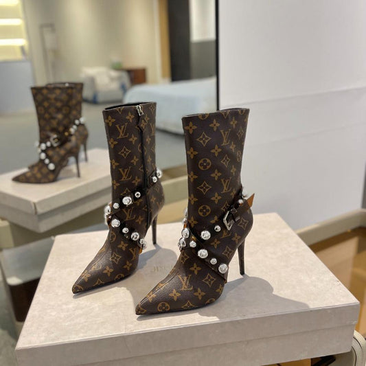 Louis Vuitton Ankle Boots 100mm Dark Brown Monogram Lambskin