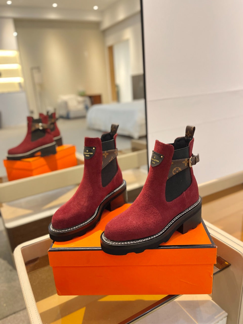Louis Vuitton Beaubourg Ankle Boot 100mm Red Suede
