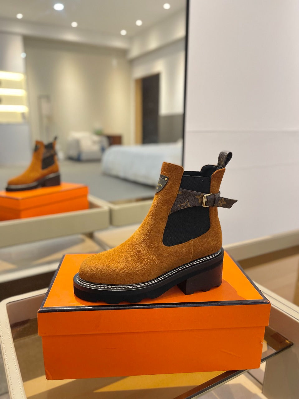 Louis Vuitton Beaubourg Ankle Boot 100mm Orange Yellow Suede