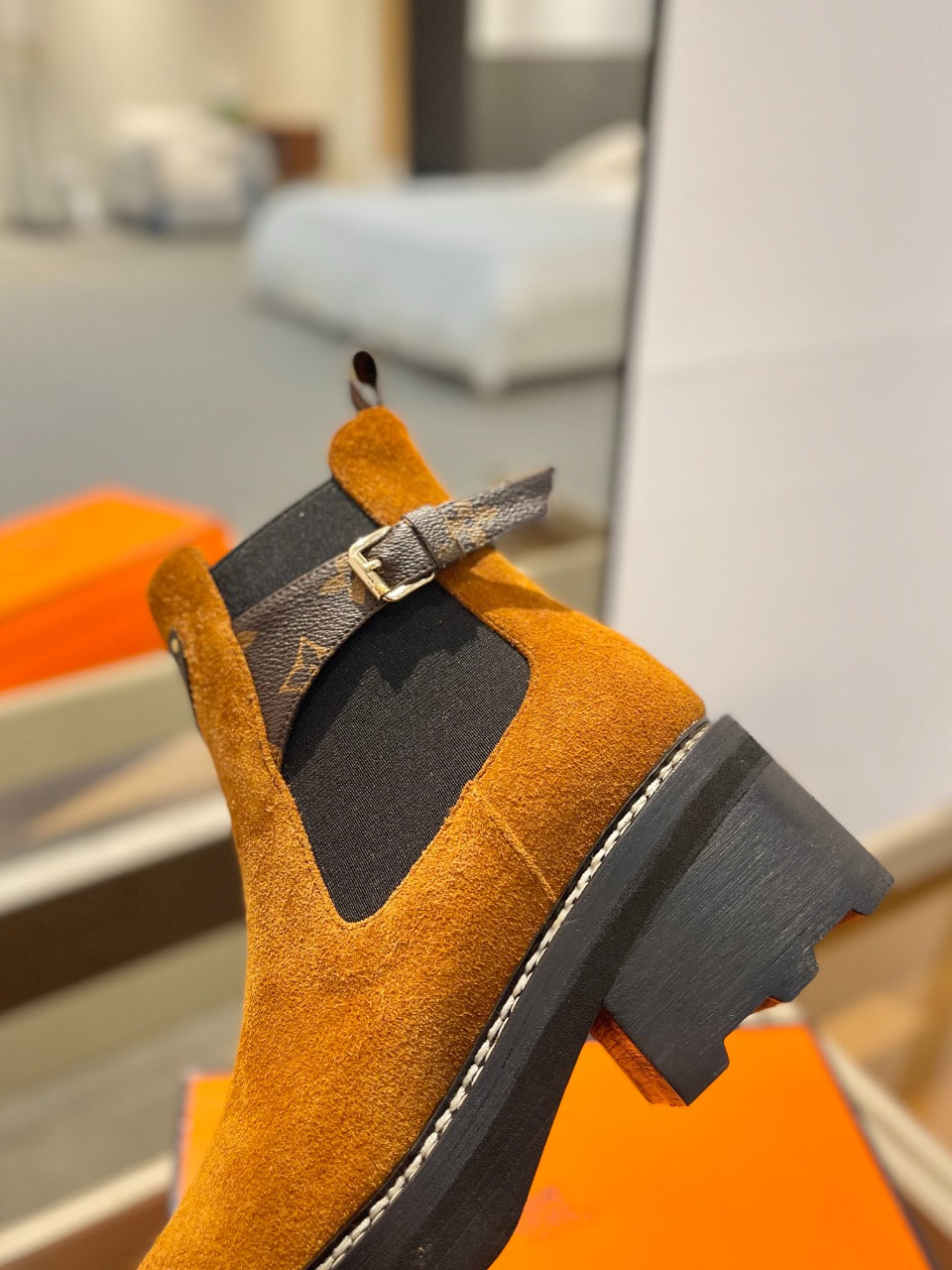 Louis Vuitton Beaubourg Ankle Boot 100mm Orange Yellow Suede